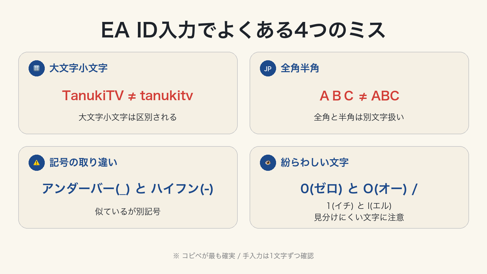 EA ID入力でよくある4つのミス:大文字小文字・全角半角・記号の取り違い・紛らわしい文字